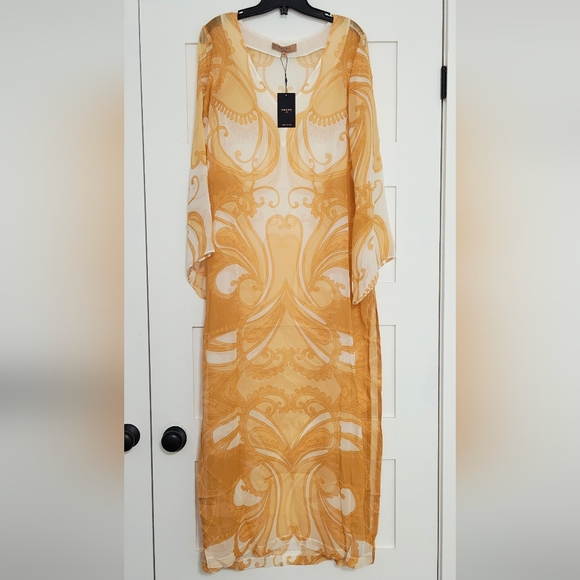 Nacre Designer 100% Silk Gold Patterned Dress/Cover-up NWT holiday travel - Picture 1 of 4